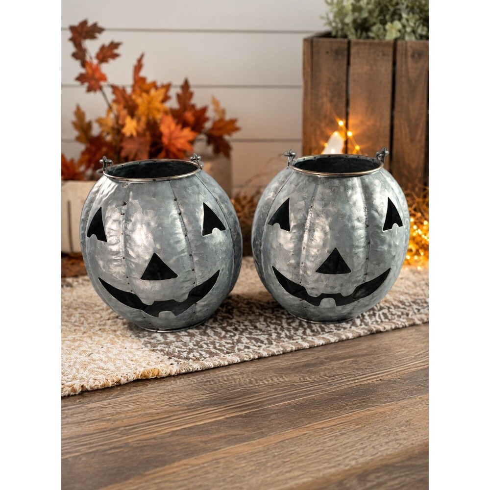 Rustic Galvanized Metal Pumpkin Lanterns Jack-O'-Lantern Halloween Decor Set of